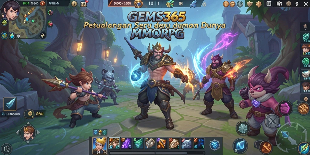 Screenshot gameplay GEMS365 menampilkan karakter dalam pertempuran epik.