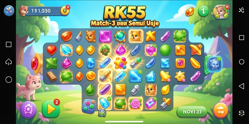 Tampilan gameplay RK55 yang memukau dengan permata berwarna-warni.