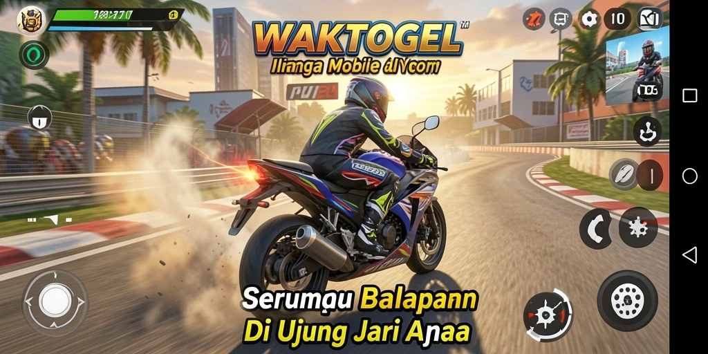 Tampilan gameplay WAKTOGEL yang mendebarkan dengan balapan motor yang seru.